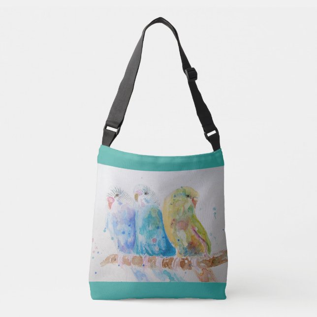 Aqua Budgie Birds Branch Watercolor Crossbody Bag (Front)