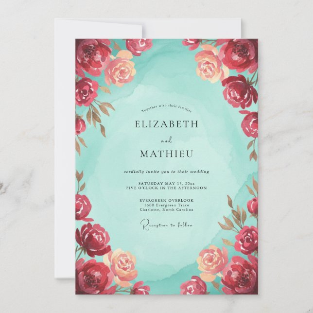 Aqua Burgundy Blossom Wedding Invitation (Front)