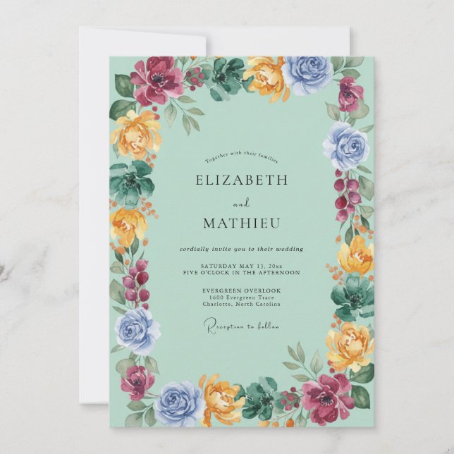 Aqua Burgundy Wildflower Wedding Invitation (Front)