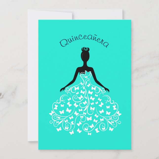 Aqua Butterfly Quinceanera Ball Gown Invitation (Front)