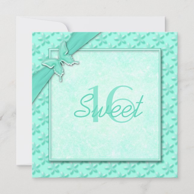 Aqua Butterfly Sweet Sixteen Invitation (Front)
