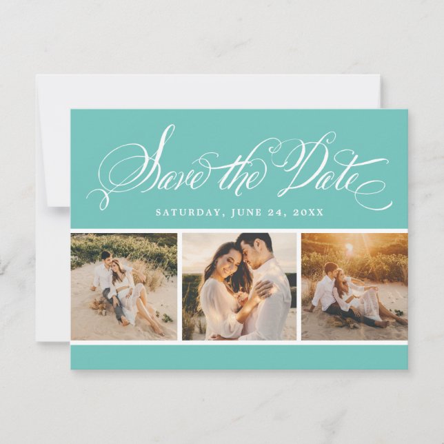 Aqua Calligraphy Script Wedding Photo Collage Save The Date (Front)