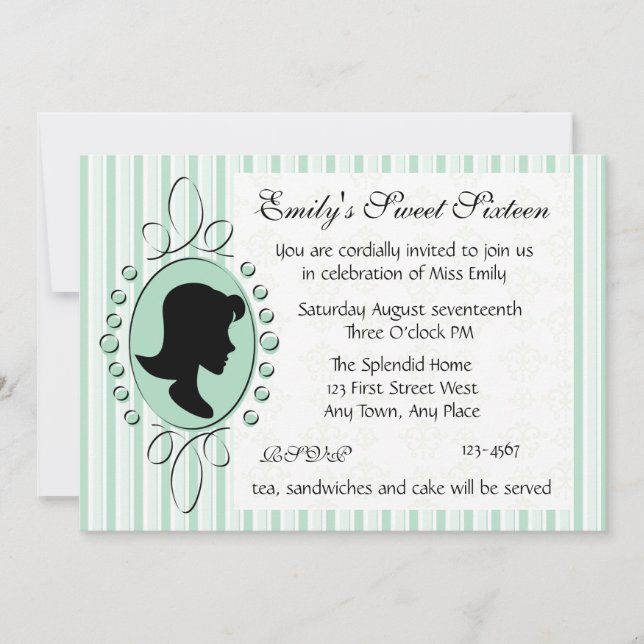 Aqua Cameo Girl Invitation (Front)