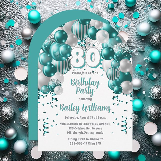 Aqua Celebration Balloons 80th Birthday Party Invitation (Aqua Celebration Balloons "80" 80th Birthday Party Invitation - Print | Digital Download)