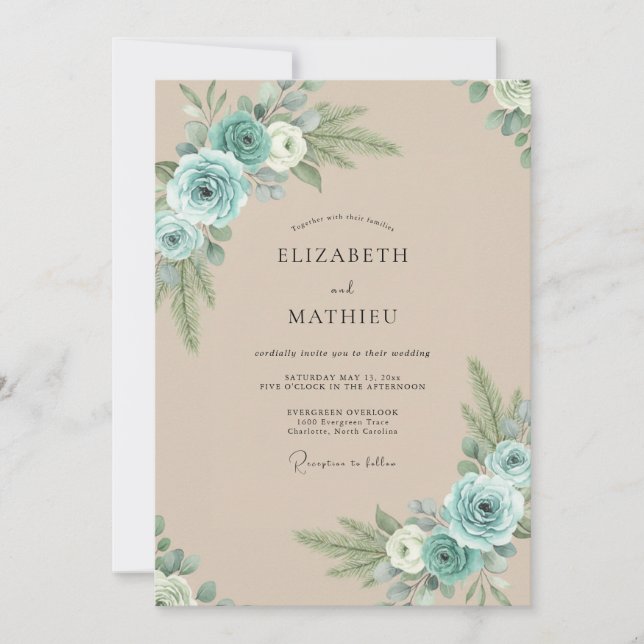 Aqua Champagne Peony Wedding Invitation (Front)