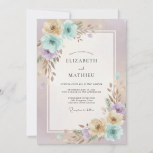 Aqua Champagne Ranunculus Eucalyptus Wedding Invitation