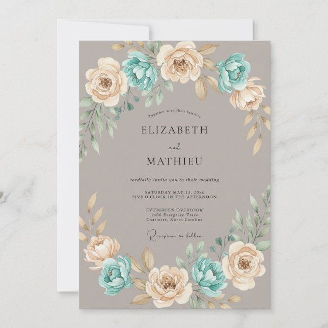 Aqua Champagne Ranunculus Muted Eucalyptus Wedding Invitation (Front)