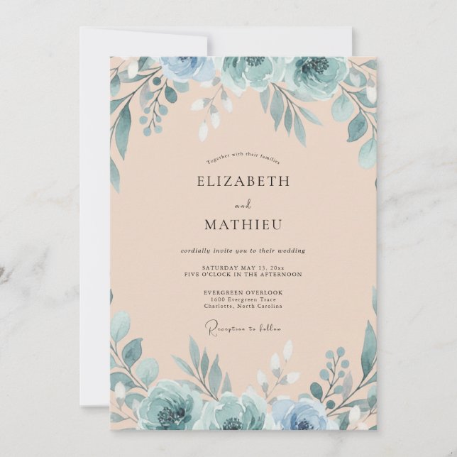 Aqua Champagne Watercolor Wedding Invitation (Front)
