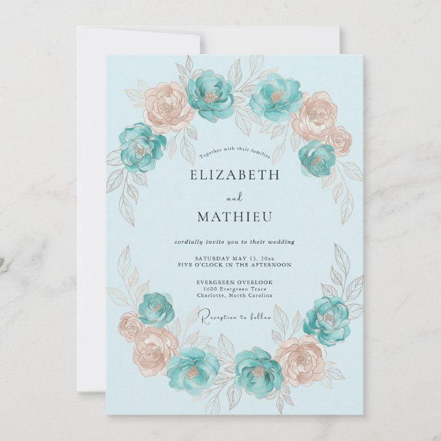 Aqua Champagne Wreath Wedding Invitation (Front)