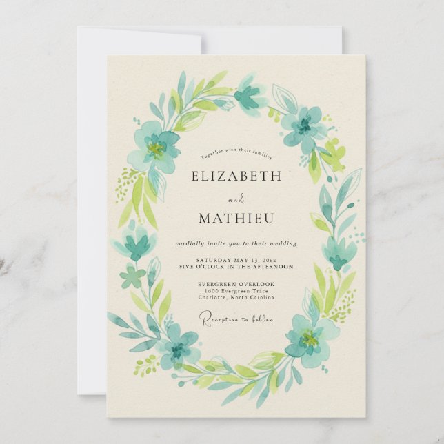 Aqua Chartreuse Wreath Wedding Invitation (Front)