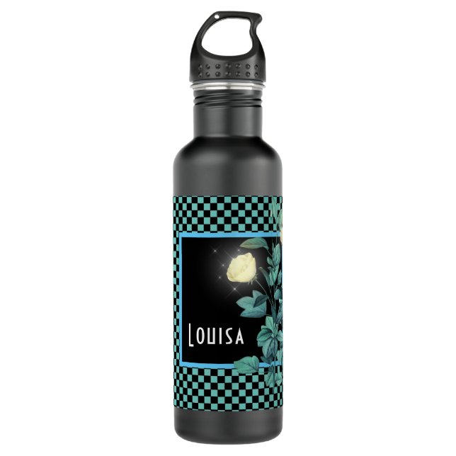 Aqua Chequerboard Floral Personalised 710 Ml Water Bottle (Front)