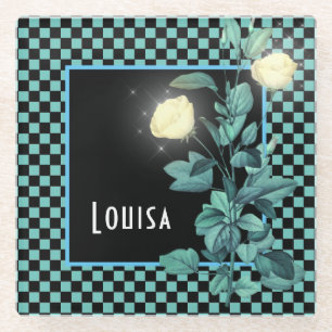 Aqua Chequerboard Floral Personalised Glass Coaster