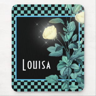 Aqua Chequerboard Floral Personalised Mouse Pad