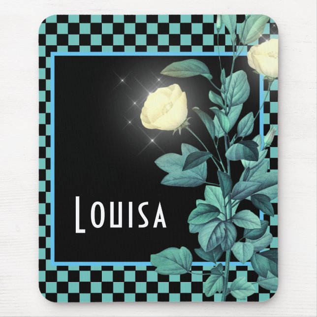Aqua Chequerboard Floral Personalised  Mouse Pad (Front)