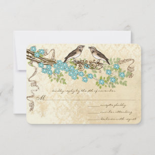 Aqua Cherry Blossom Vintage Bird Weddings RSVP Card