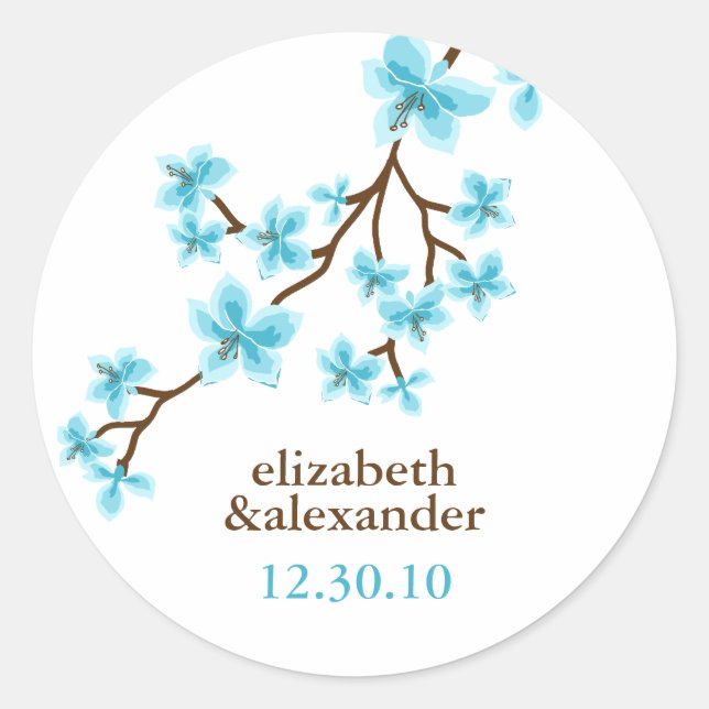 Aqua Cherry Blossoms Classic Round Sticker (Front)