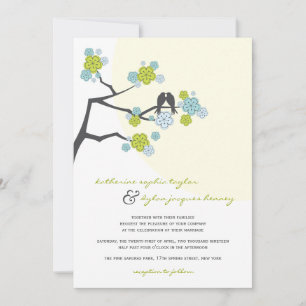 Aqua Cherry Blossoms Love Birds Wedding Invite
