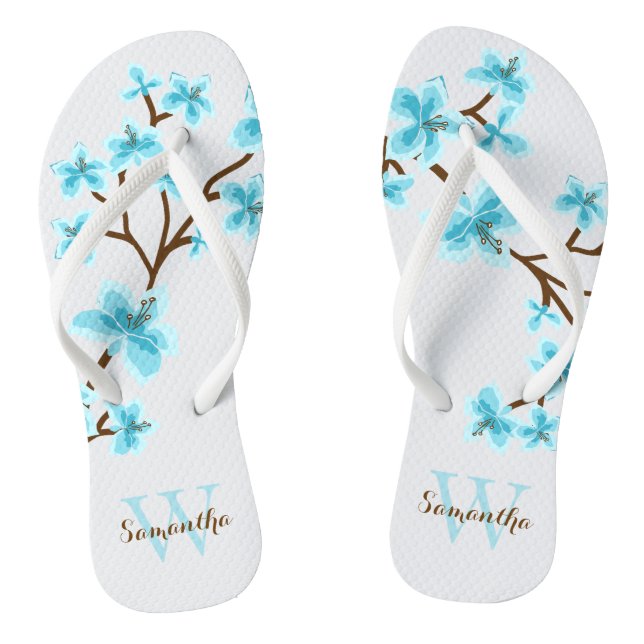 Aqua Cherry Blossoms Monogrammed Jandals (Footbed)