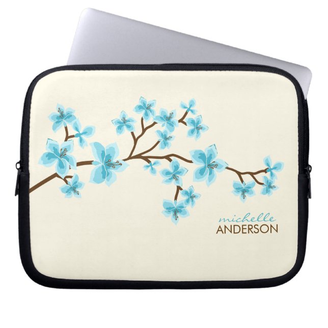 Aqua Cherry Blossoms Tree Laptop Sleeve (Front)