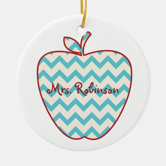 Aqua Chevron Apple Teacher Ceramic Tree Decoration (Front)