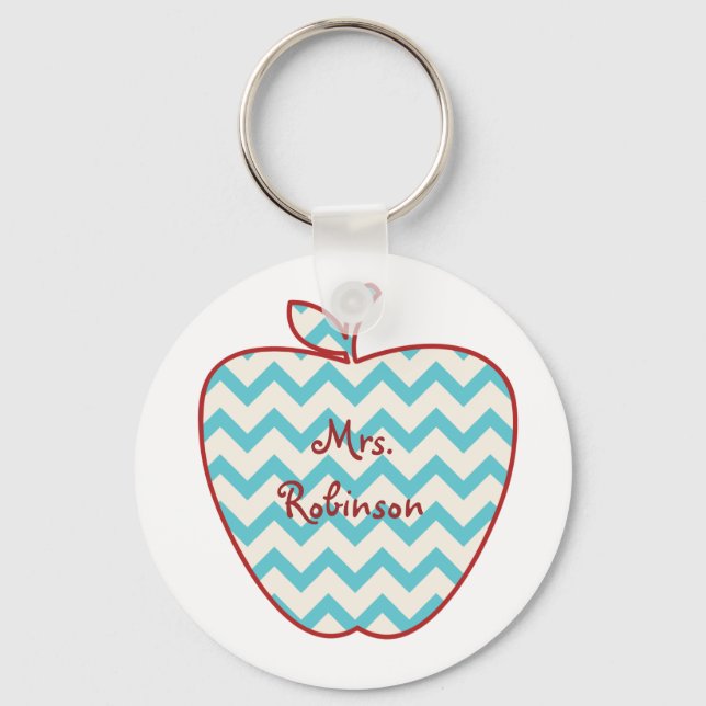 Aqua Chevron Apple Teacher Key Ring (Front)