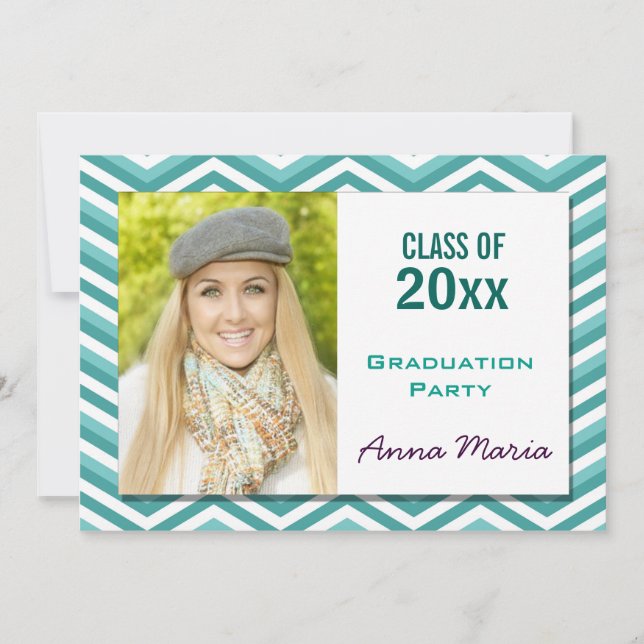 Aqua Chevron Graduation Party Photo Invitation (Front)