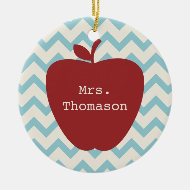 Aqua Chevron Red Apple Teacher Ceramic Tree Decoration (Front)