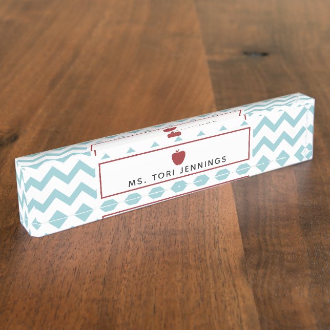 Aqua Chevron Red Apple Teacher Nameplate (Side)