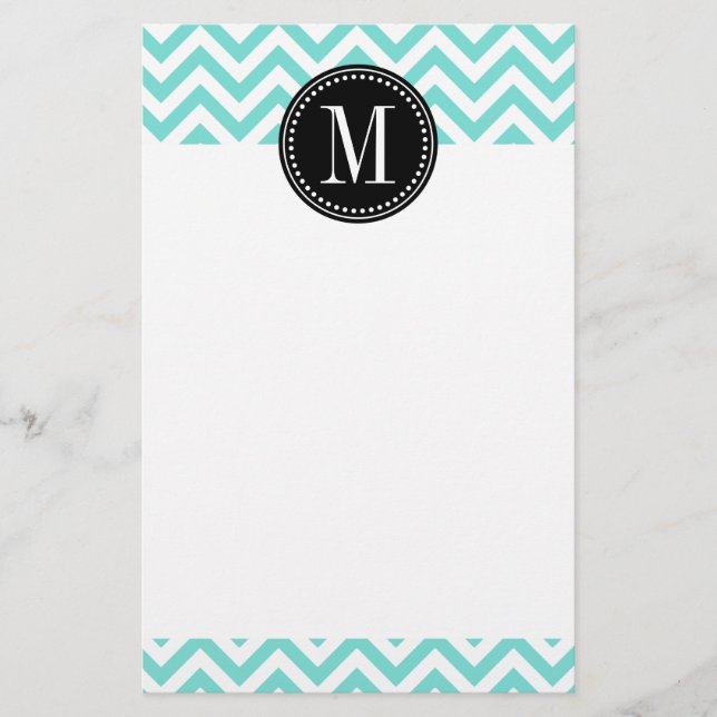 Aqua Chevron Zigzag Personalised Monogram Stationery (Front)