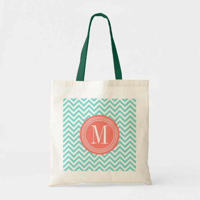 Aqua Chevron Zigzag Personalised Monogram Tote Bag (Front)