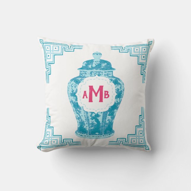 Aqua Chinoiserie Ginger Jar Monogram Cushion (Front)