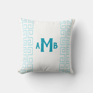 Aqua Chinoiserie Wide Greek Key Stripe Monogram Cushion