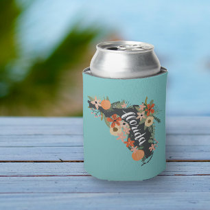 Aqua Citrus Floral Florida State Silhouette Can Cooler