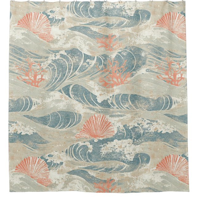 Aqua Coastal Seashell Starfish Wave Pattern Shower Curtain (Front)