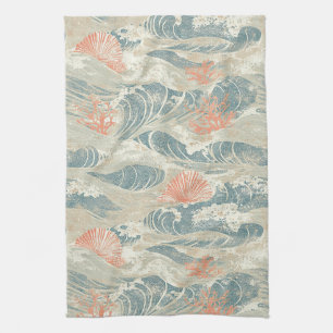 Aqua Coastal Seashell Starfish Wave Pattern Tea Towel