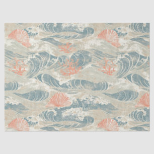 Aqua Coastal Seashell Starfish Wave Pattern Tissue Paper