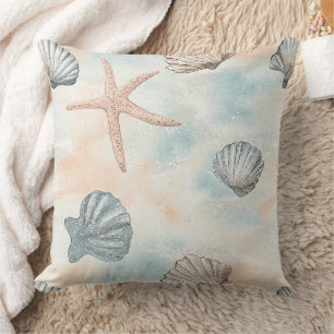 Aqua Coastal Seashells & Sparkle Starfish (1) Cushion