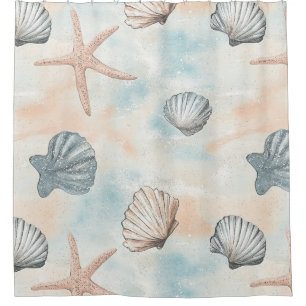 Aqua Coastal Seashells & Sparkle Starfish (1) Shower Curtain