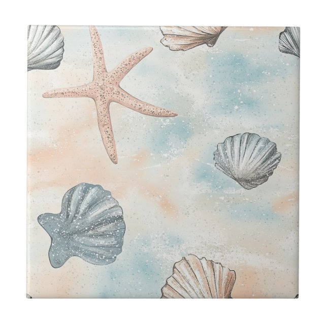 Aqua Coastal Seashells & Sparkle Starfish (1) Tile (Front)