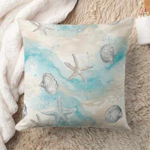 Aqua Coastal Seashells & Sparkle Starfish (2) Cushion