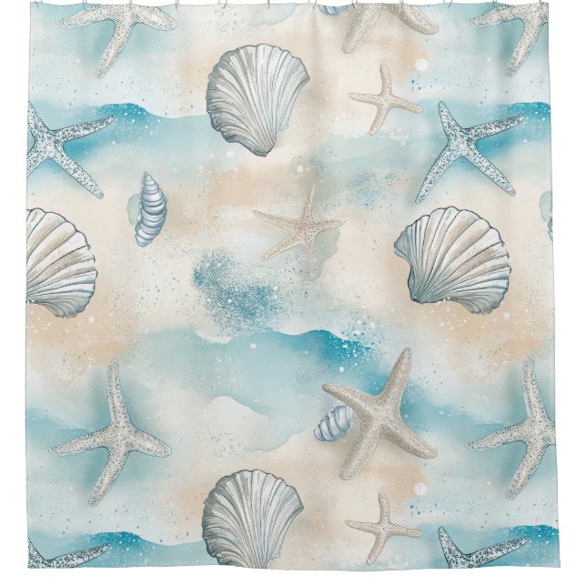 Aqua Coastal Seashells & Sparkle Starfish (3) Shower Curtain (Front)