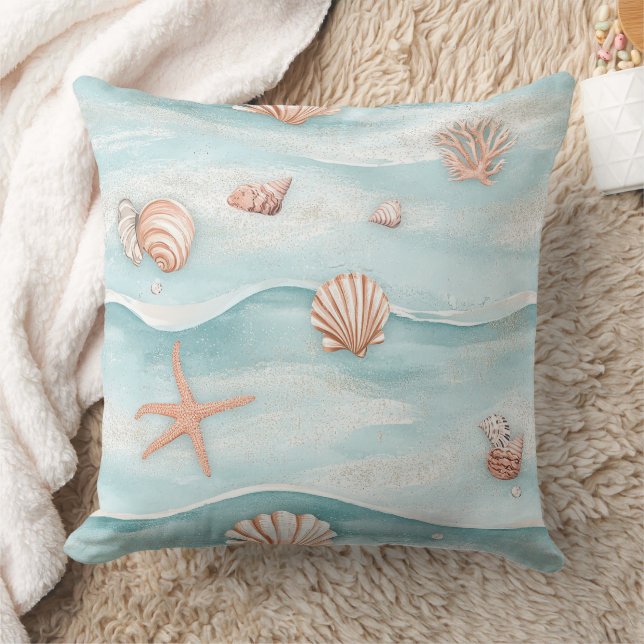 Aqua Coastal Seashells & Sparkle Starfish (4) Cushion (Blanket)