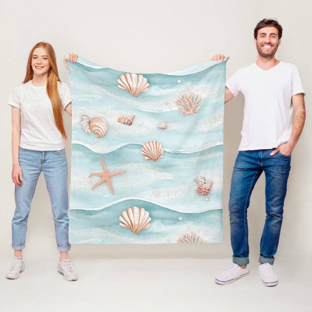 Aqua Coastal Seashells & Sparkle Starfish (4) Fleece Blanket (In Situ)