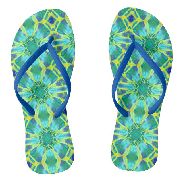 Aqua, Cobalt Blue and Yellow Tie Dye Pattern Jandals (Footbed)