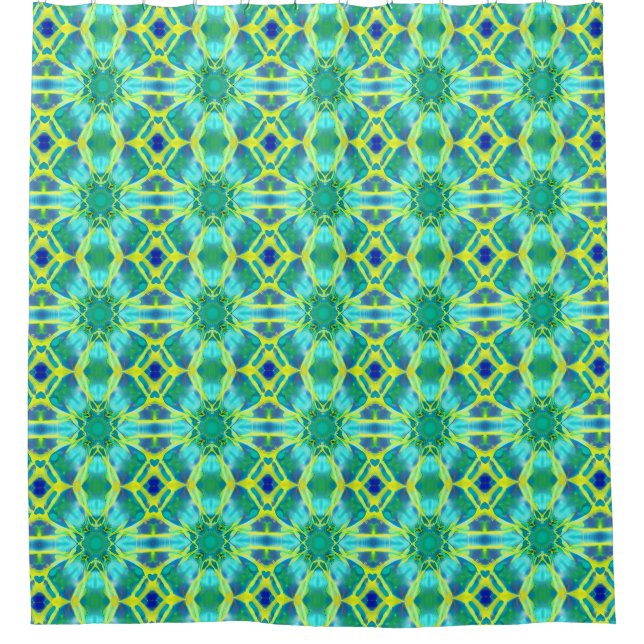 Aqua, Cobalt Blue and Yellow Tie Dye Pattern Shower Curtain (Front)
