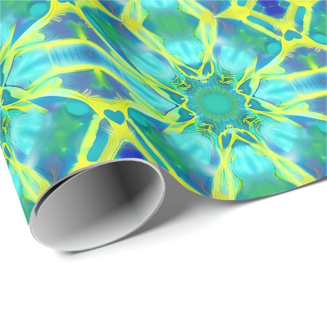 Aqua, Cobalt Blue and Yellow Tie Dye Pattern Wrapping Paper (Roll Corner)