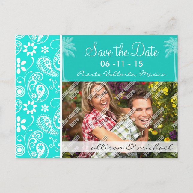 Aqua Colour Paisley; Floral; Summer Palm Announcement Postcard (Front)