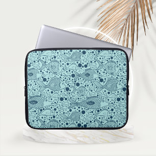 Aqua Coloured Ocean Fish with Bubbles Laptop Sleeve
