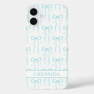 Aqua Coquette Bows Monogrammed iPhone 16 Plus Case