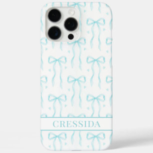 Aqua Coquette Bows Monogrammed iPhone 16 Pro Max Case